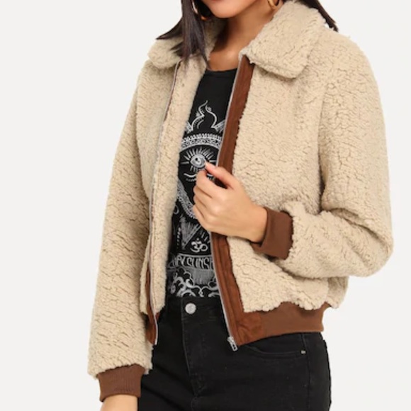 LAST ONE Cream Teddy Jacket With Dark Trim - Picture 4 of 5